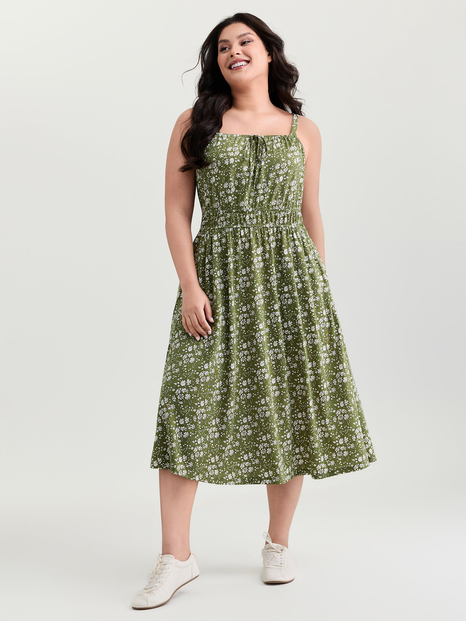 Dense Floral Print Cinched-Waist Midi Dress