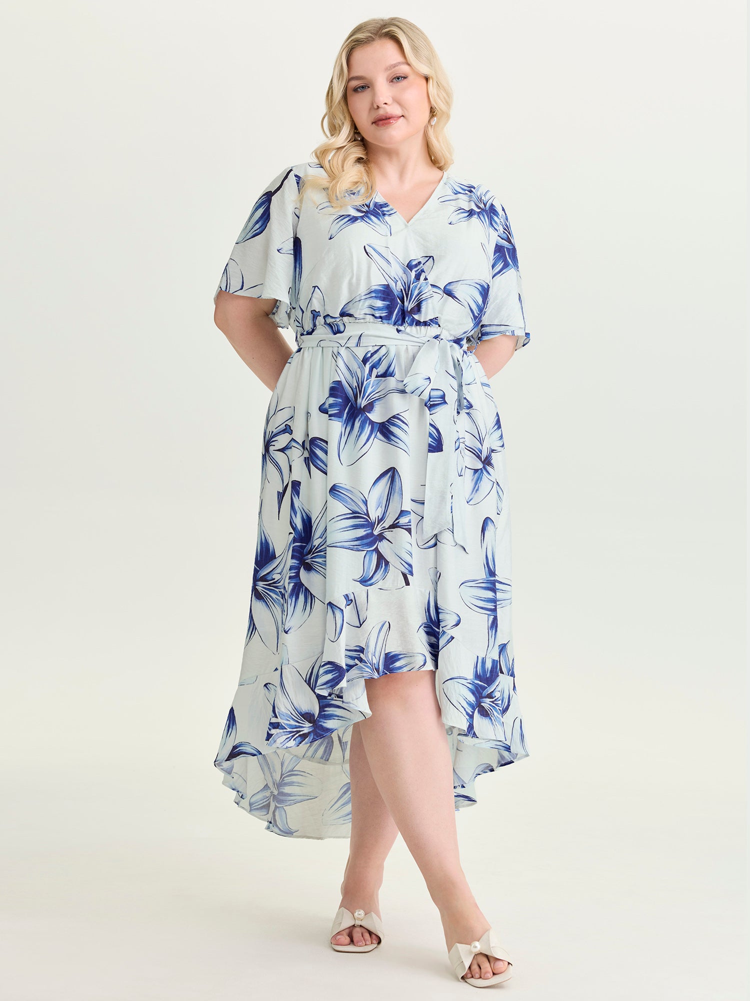 Large Floral Print Wrap Ruffled Hem Midi Dress
