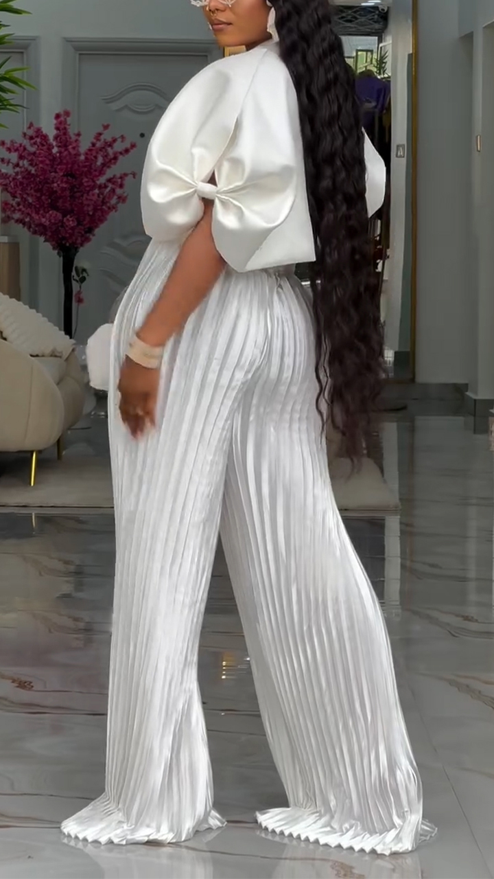 Women Round Neck Patchwork Top+ Pleated Pants Casual Set with Temperament