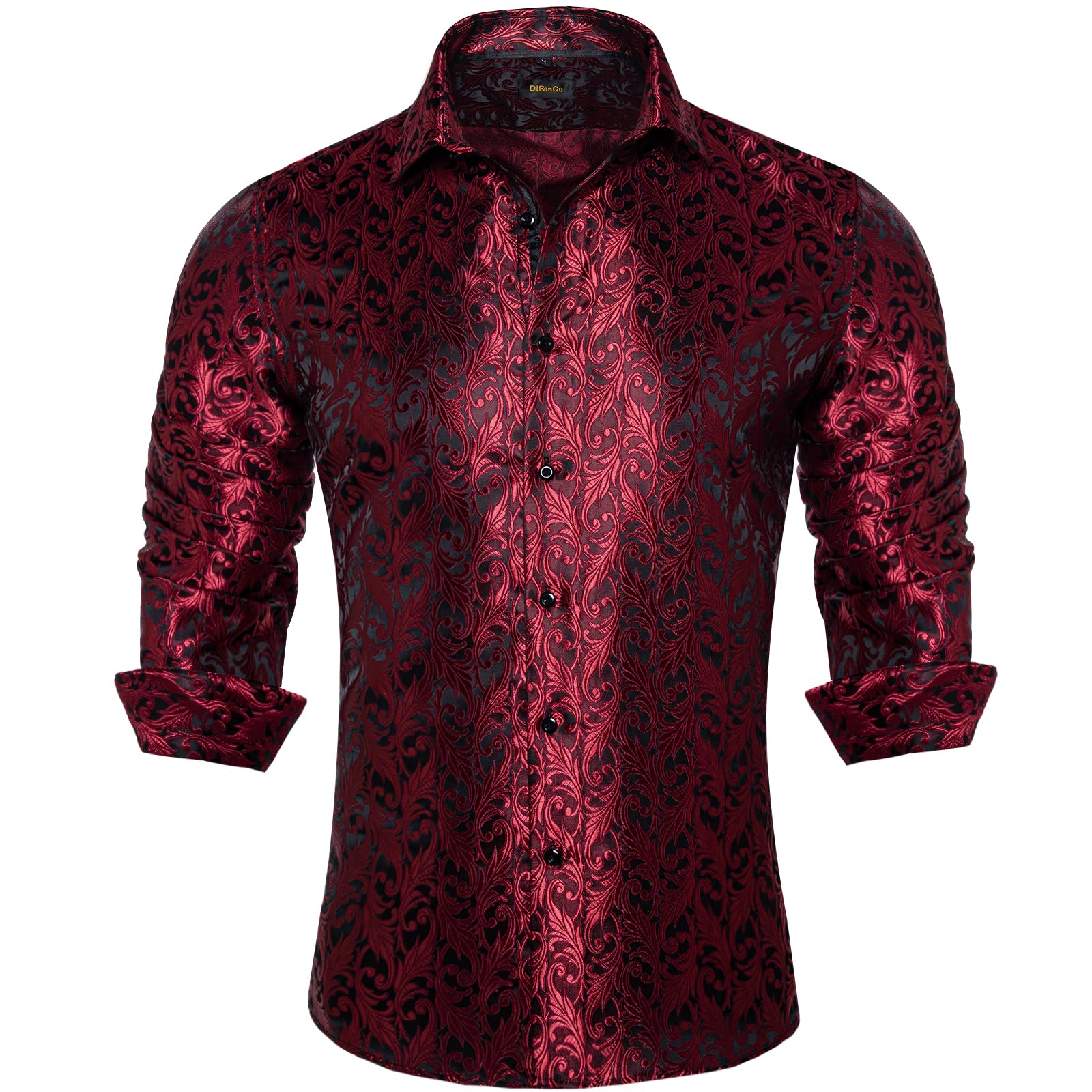Men's Paisley Dress Shirt Long Sleeve Wrinkle Free Button Down Cowboy Shirts - Wine Red&paisley
