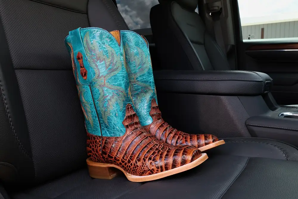 Cognac American Gator Belly Leather Boots — Square Toe