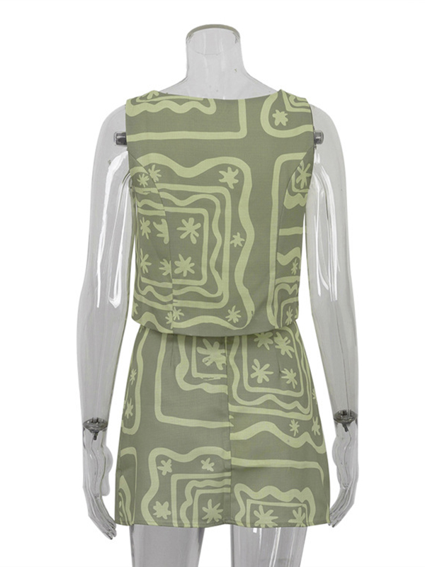 Printed Split-Joint Loose Sleeveless Buttoned Pockets Square-neck Vest Top + Skirts Bottom Two Pieces Set