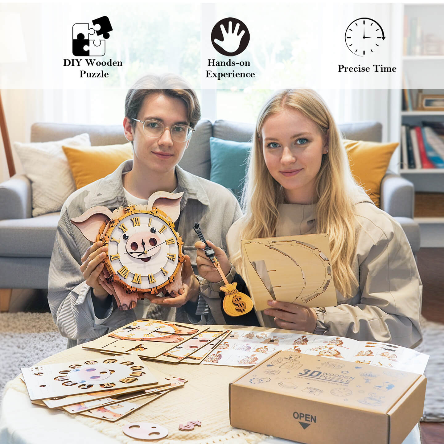 Pig â€“ DIY Wooden Clock, 3D Puzzle Craft Kit