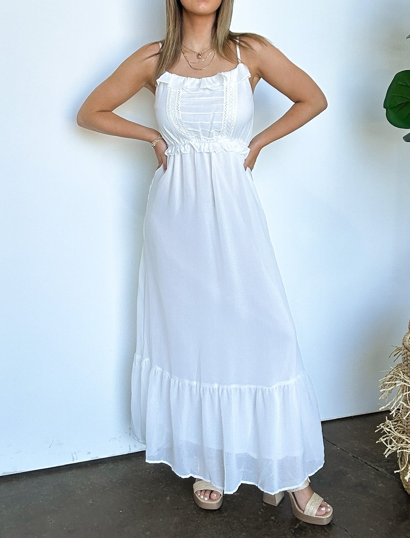 Sweetly Elevated Ruffle and Lace Detail Maxi Dress