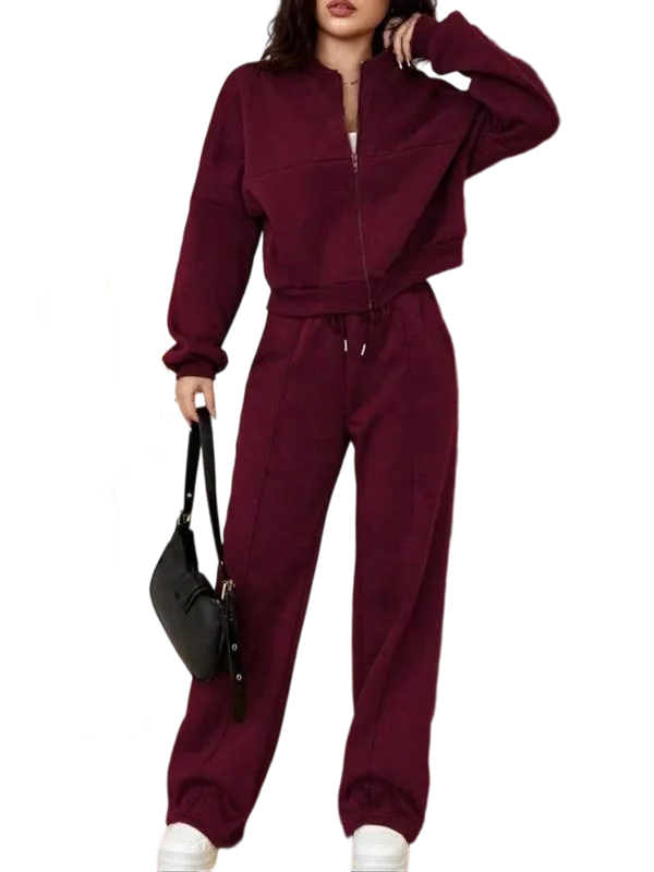 Two-piece Set Women's Solid Zip Up Drop Shoulder Jacket & Pocket Elastic Waist Pants