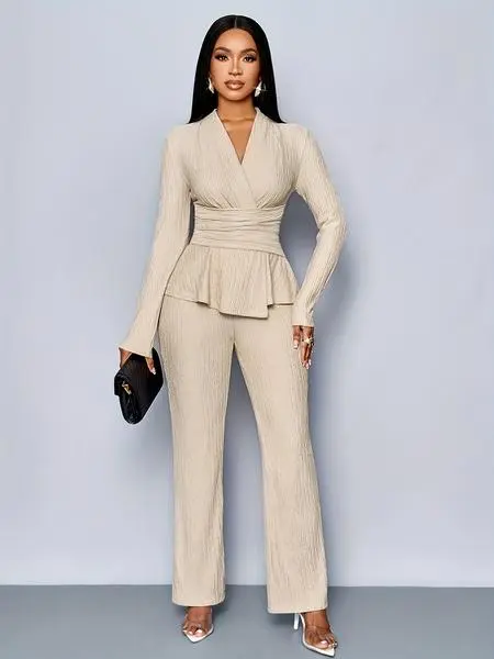 Elegant V-Neck Long Sleeve Top & Wide Leg Pants Set