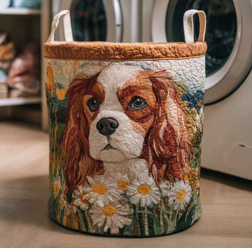Vivid Cavalier King Charles Spaniel Pattern Quilted Laundry Basket Eco-Friendly Machine Washable Storage Organizer for Home Bathroom Bedroom | Dog