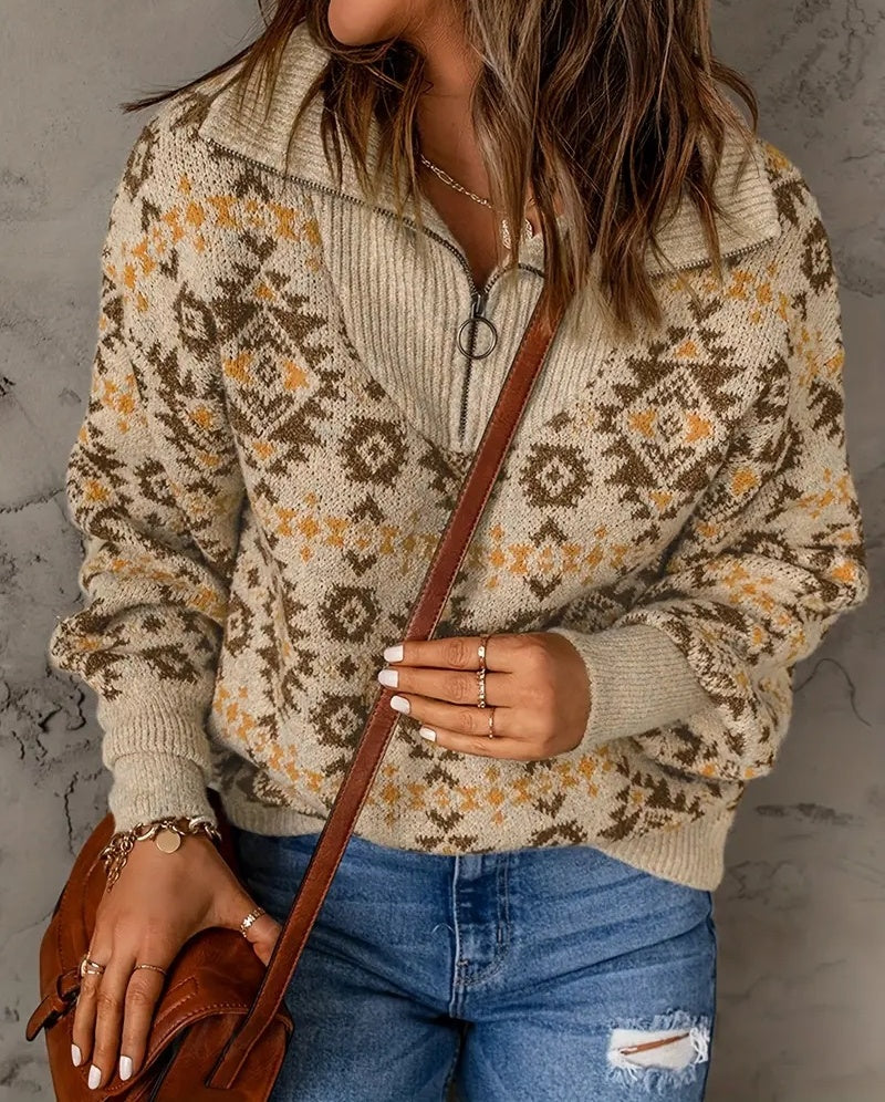 Autumn And Winter Series Turtleneck Pullover Zipper Printed Casual Ethnic Style Knitted Sweater