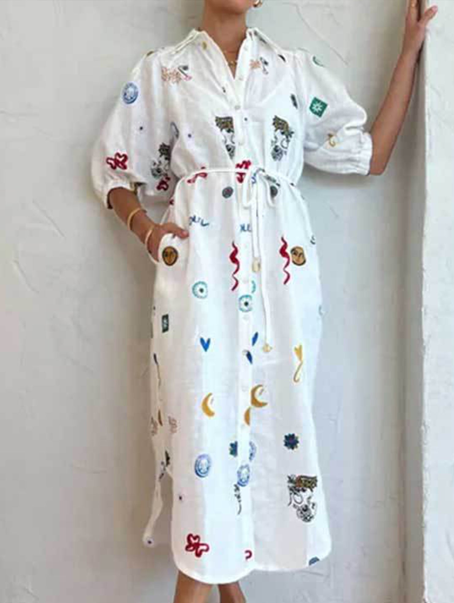 Printed Tie Waist Shirt Dress