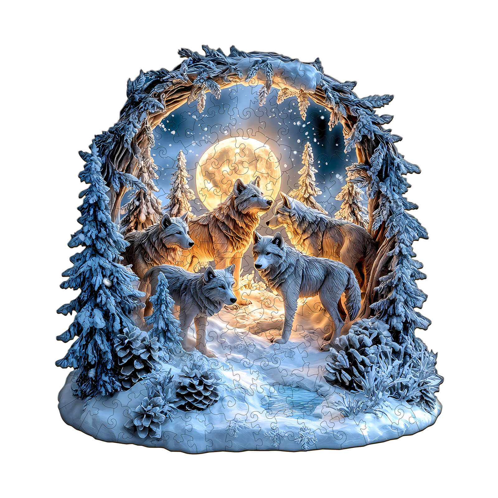Snowy Night Wolf Pack Wooden Jigsaw Puzzle