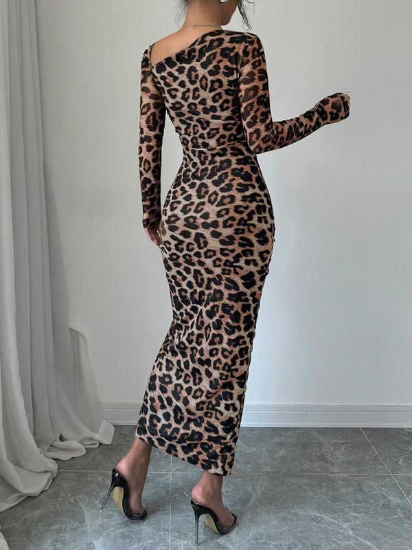 New Women's Round Neck Long Sleeve Leopard Print High Waist Hottie Dress