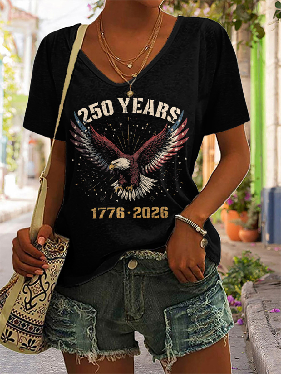 Women's 250th Anniversary Free Eagle Print V-neck T-shirt from the United States