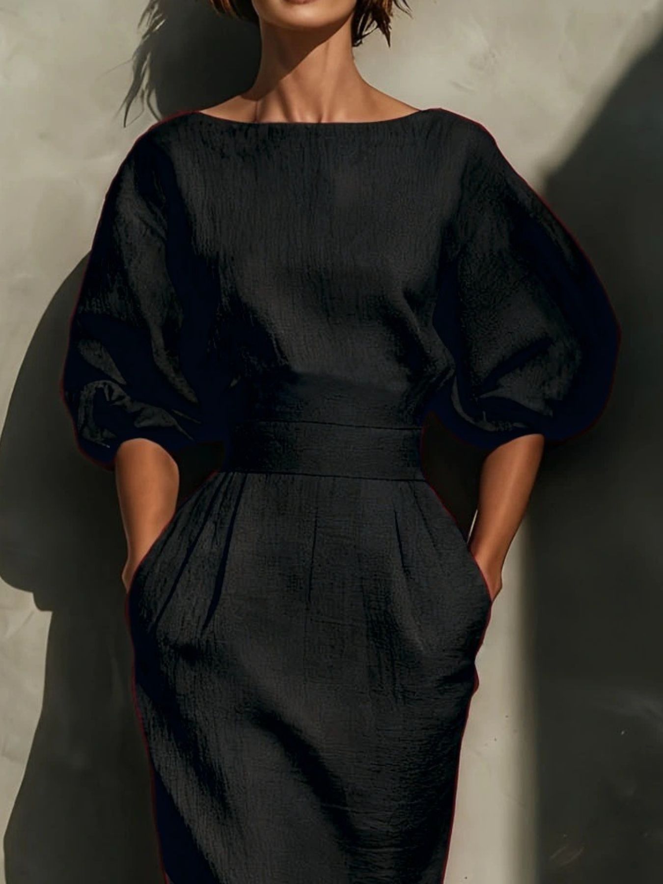 Round Neck Puff Sleeves Midi Dress