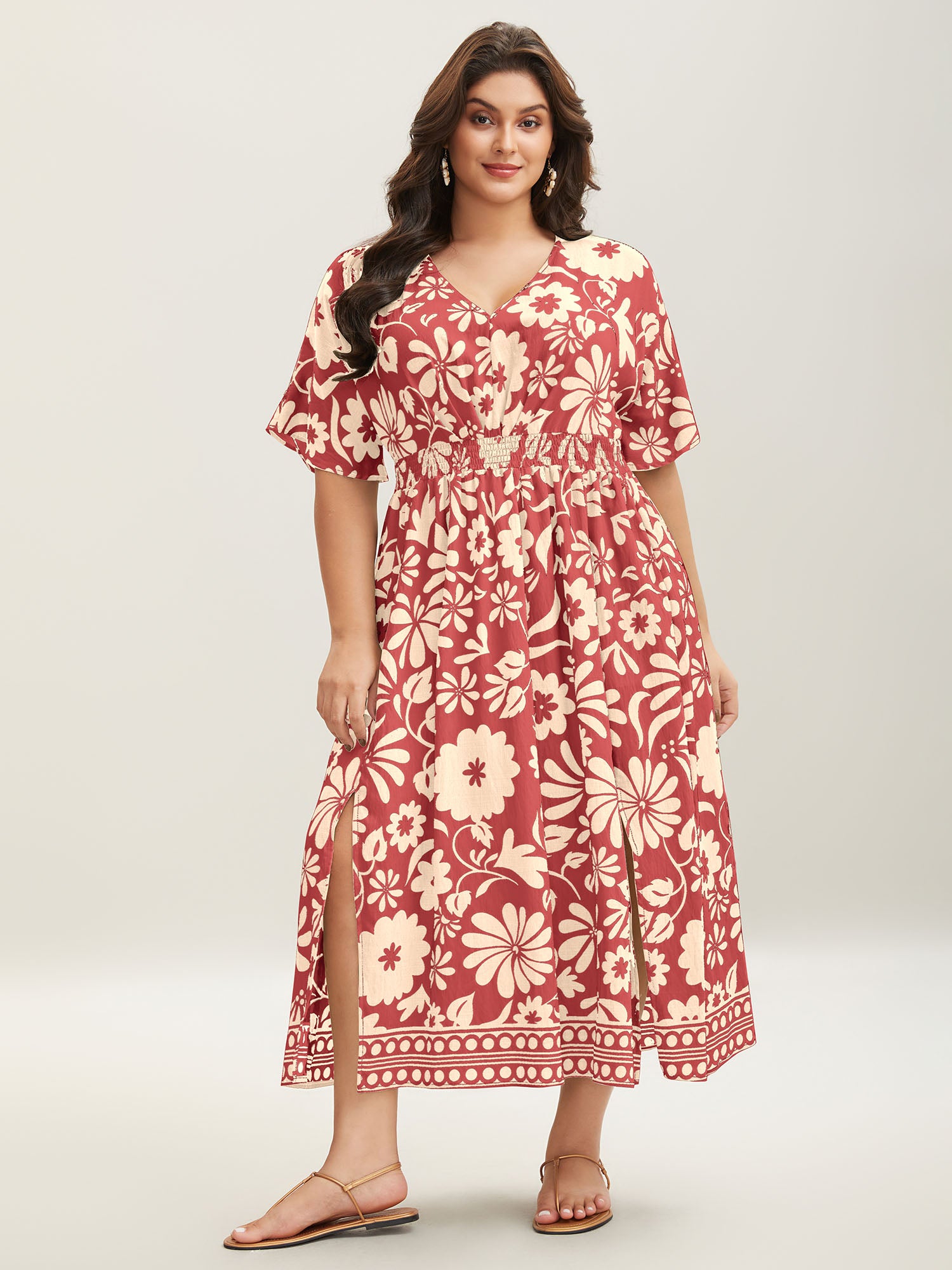 Large Floral Print Pockets Midi Dress