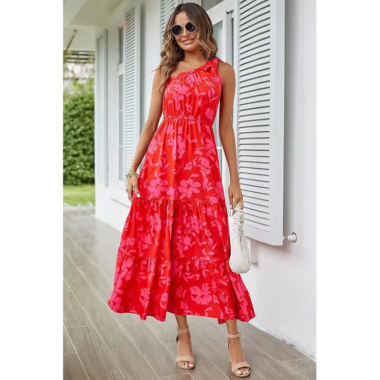 PrettyGarden Boho Chic Floral Maxi Dress - One Shoulder, Ruffle, Sleeveless, Flowing Summer Beach Wedding Guest Dress- Womenswear