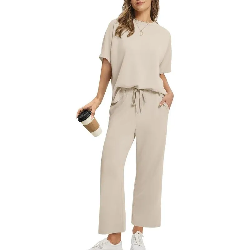 Two Piece Sets for Women Summer Outfits Oversized Wide Leg Crop Pants Lounge Sets
