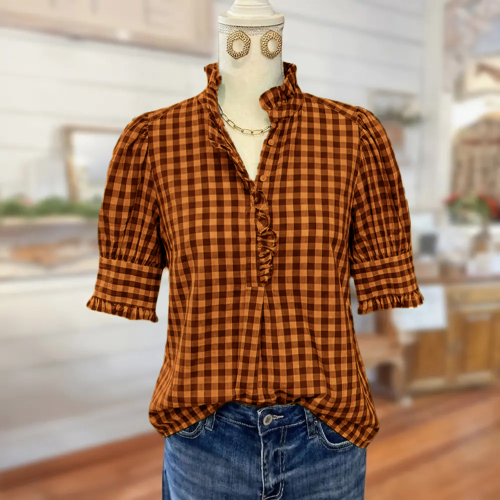 🌿 Women's Vintage Gingham Puff Sleeve Blouse