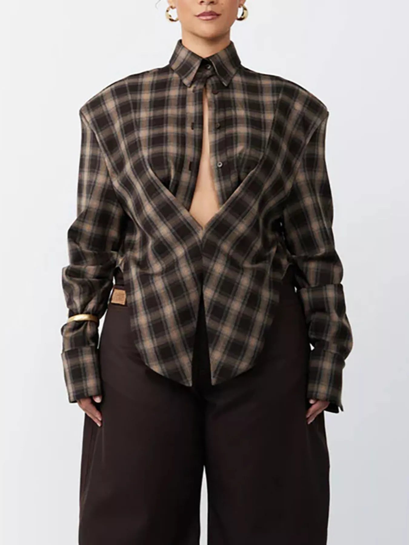 Ruched Plaid Long Sleeve Shirt