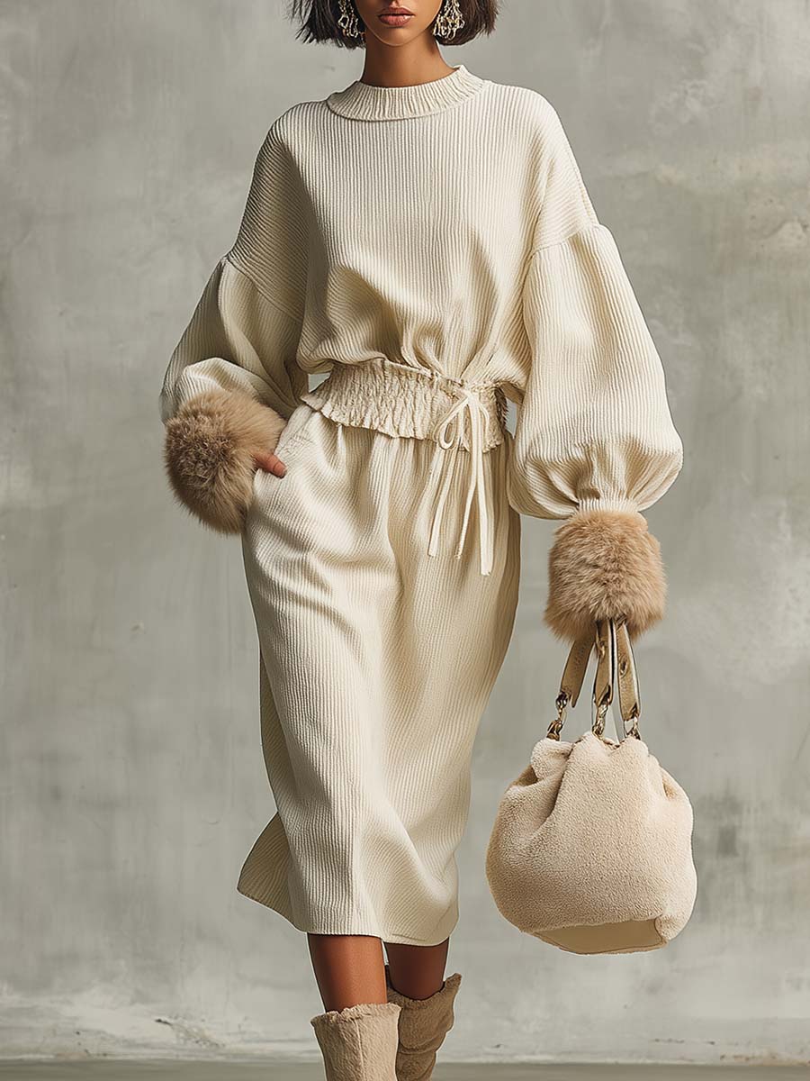 Elegant Exquisite Round Neck Ruffled Waist Detachable Faux Fur Cuffs Cream Corduroy Midi Dress