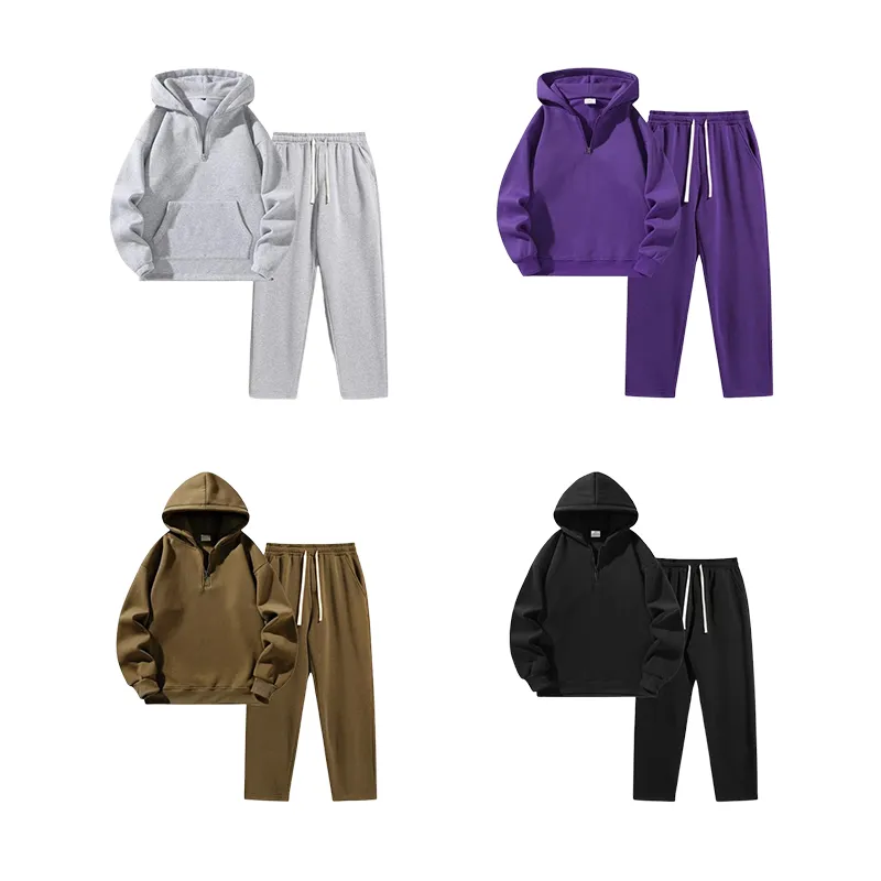 🔥Last Day Promotion 89% OFF🔥Men'S Plain Drop Shoulder Sweatsuit Set, Casual Half Zip Hoodie & Drawstring Sweatpants With Pocket