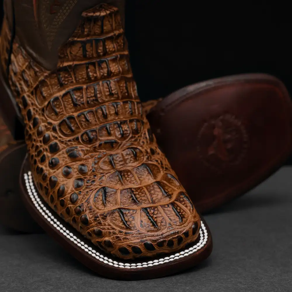 Honey Caiman Neck Leather Boots - Square Toe