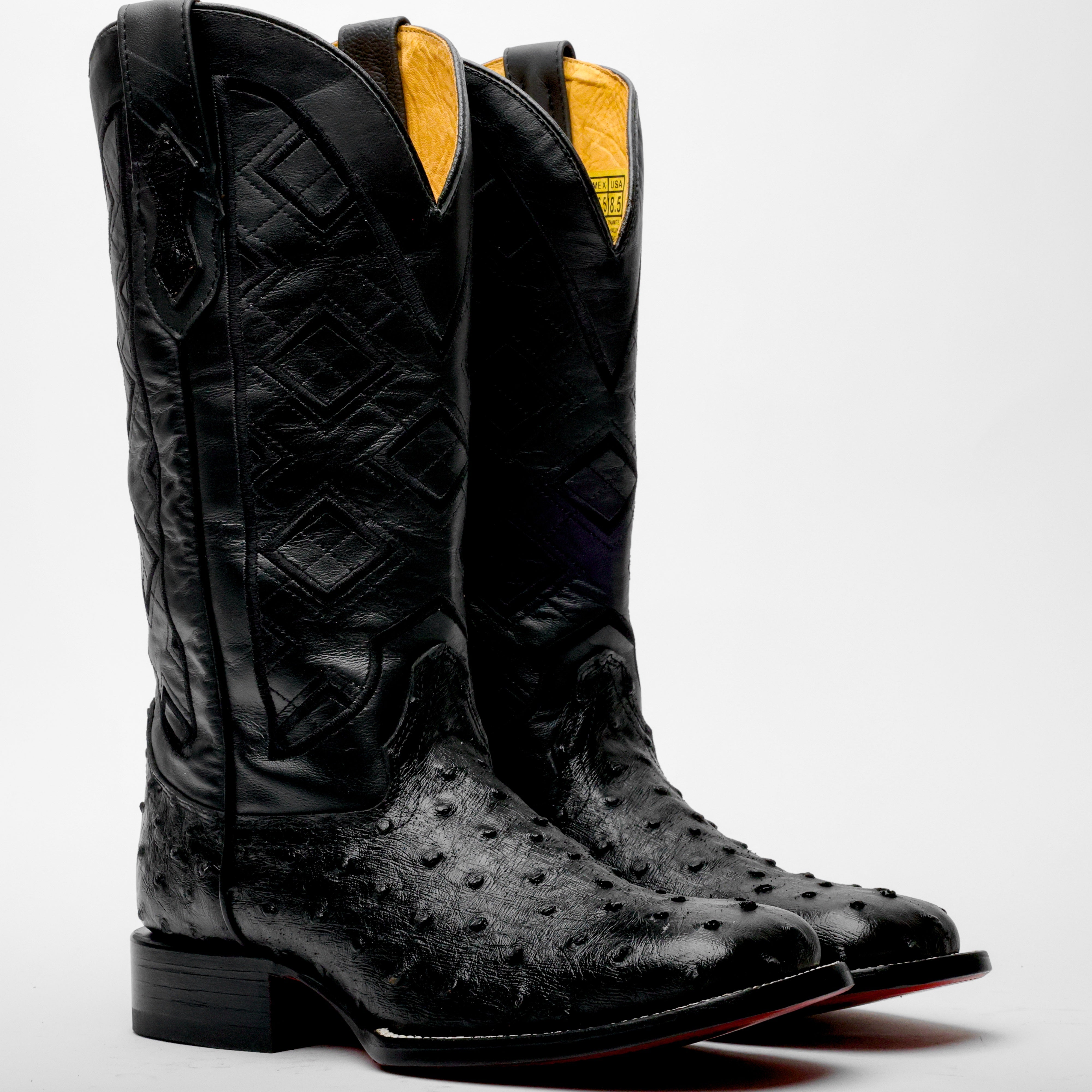 Black Ostrich Leather Boots - Square Toe