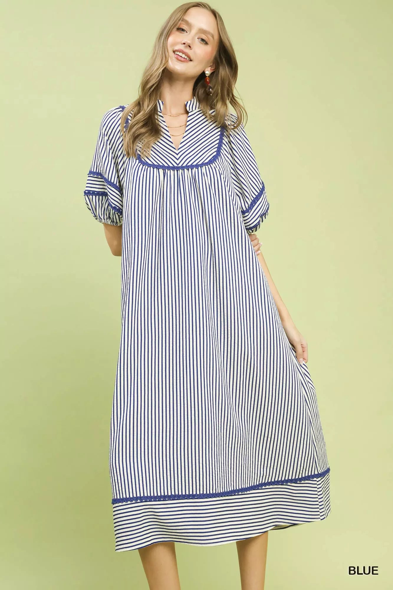 Umgee Striped Puff Sleeve Midi Dress