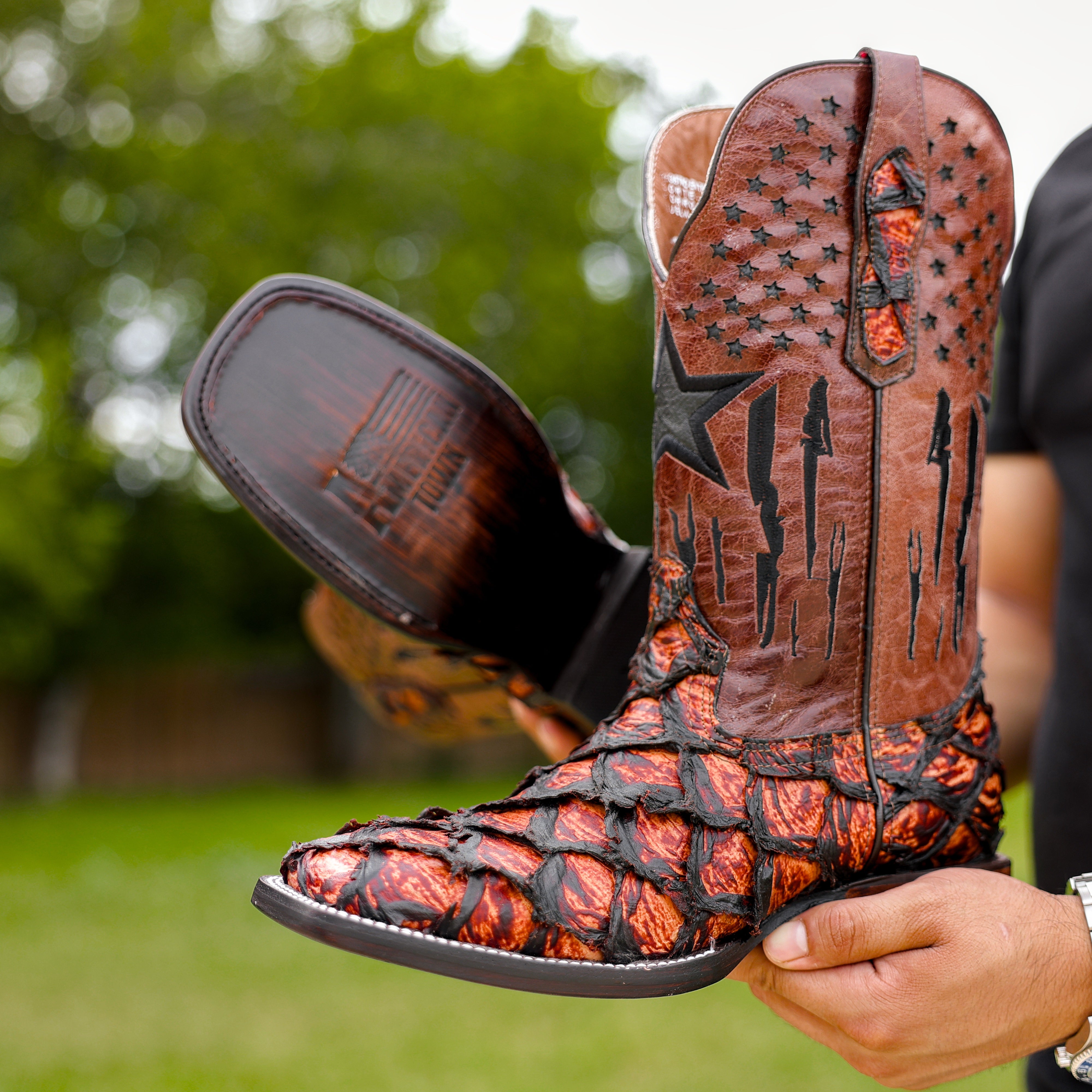 JUMBO Cognac Pirarucu Leather Boots - Square Toe