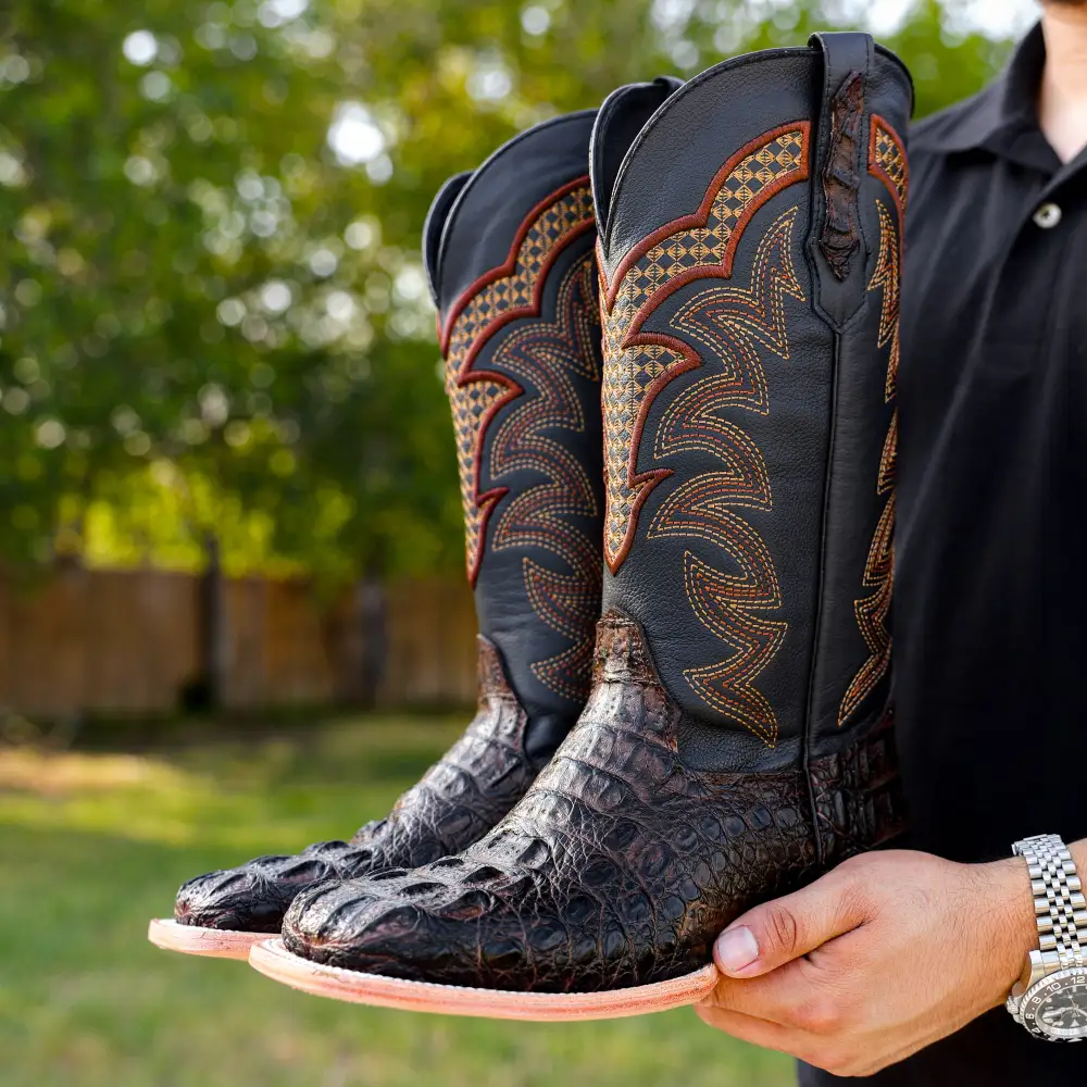 Brown Caiman Neck Leather Boots - Square Toe