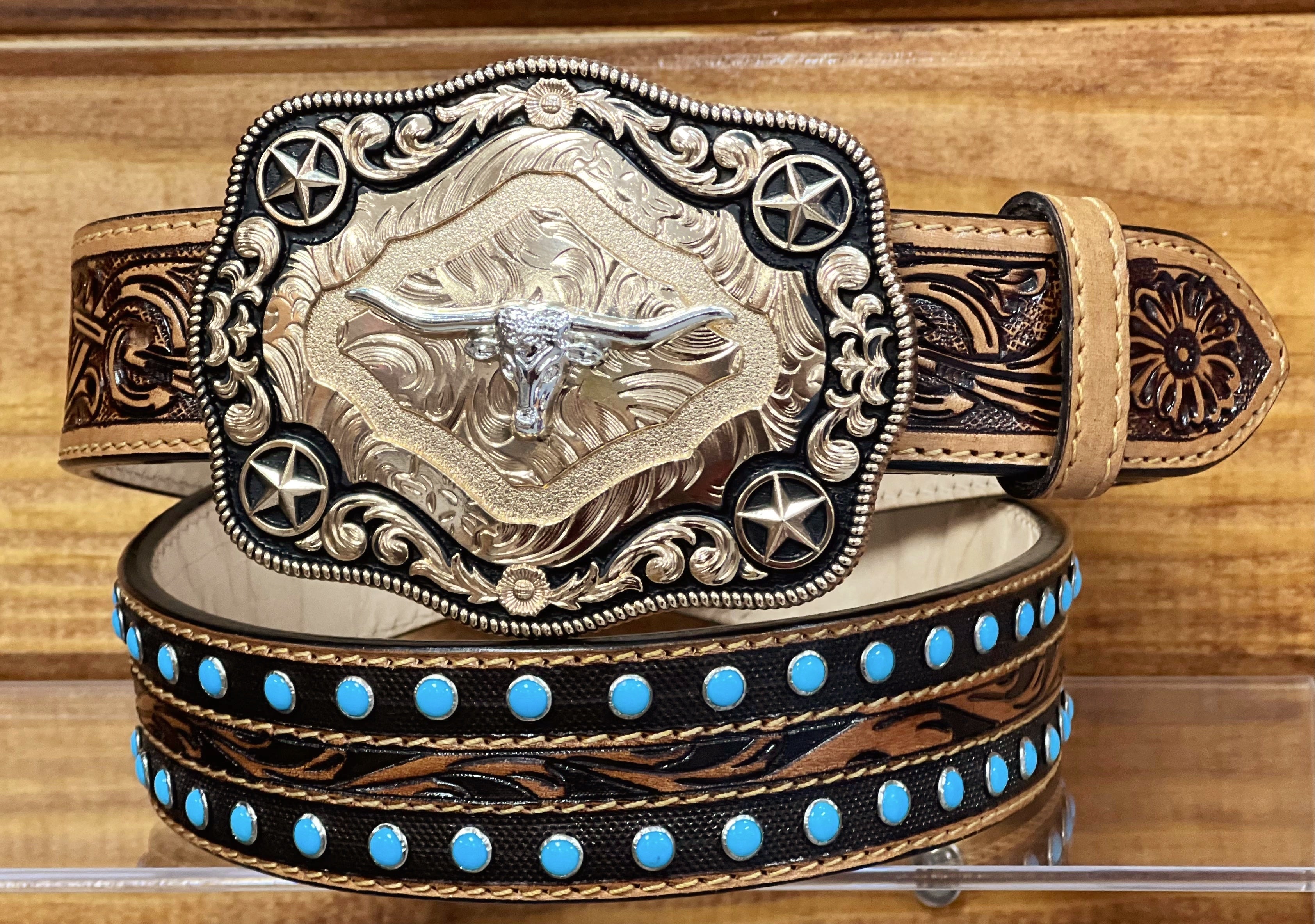 Honey Tooled Artesanal Tabs With Turquoise Studs Leather Belt