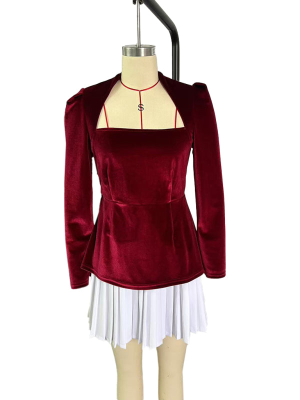 Fashionable And Personalized Long-Sleeved Color-Blocked Pleated Hem Mini Skirt Dress