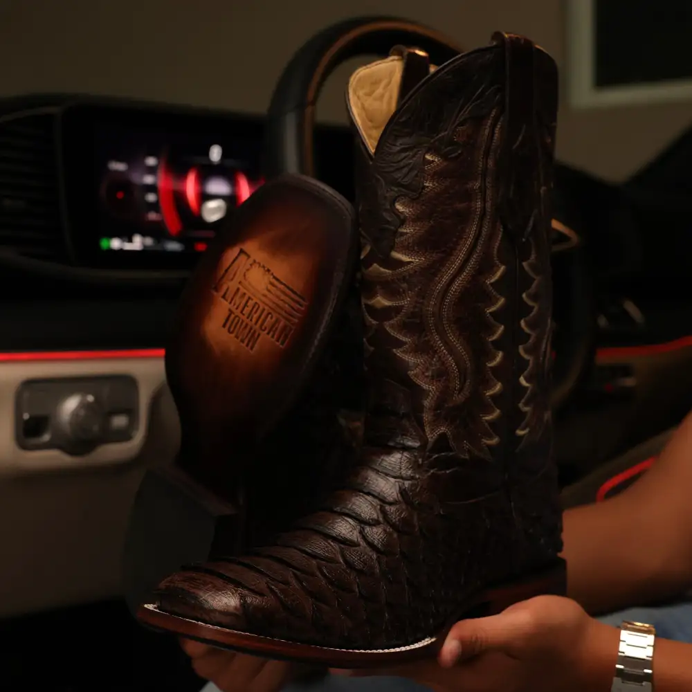 Chocolate Brown Jumbo Python Leather Boots - Square Toe