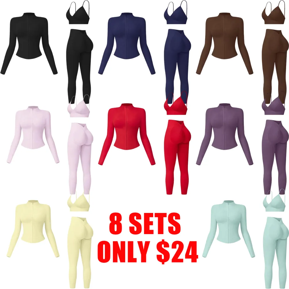 Women’s 3-Piece Seamless Workout Set – Crop Tank, Zip Jacket & High-Waist Leggings