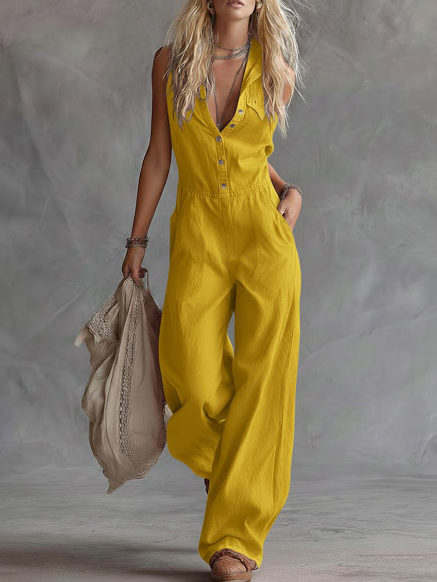 Women's Solid Color Shirt Collar Sleeveless Casual Loose Cotton And Linen Wide-leg Jumpsuit