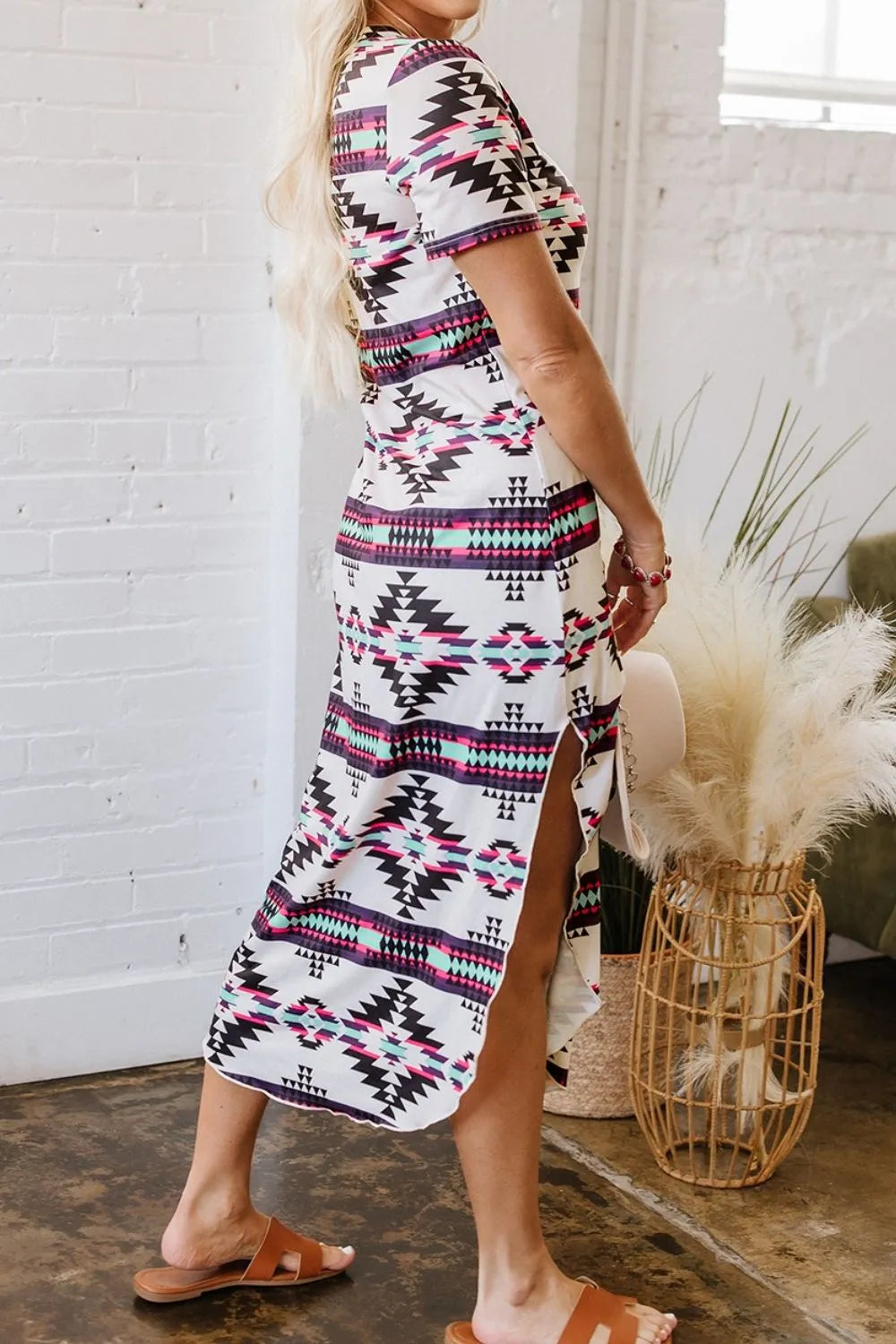 Aztec Print V-Neck Midi Dress