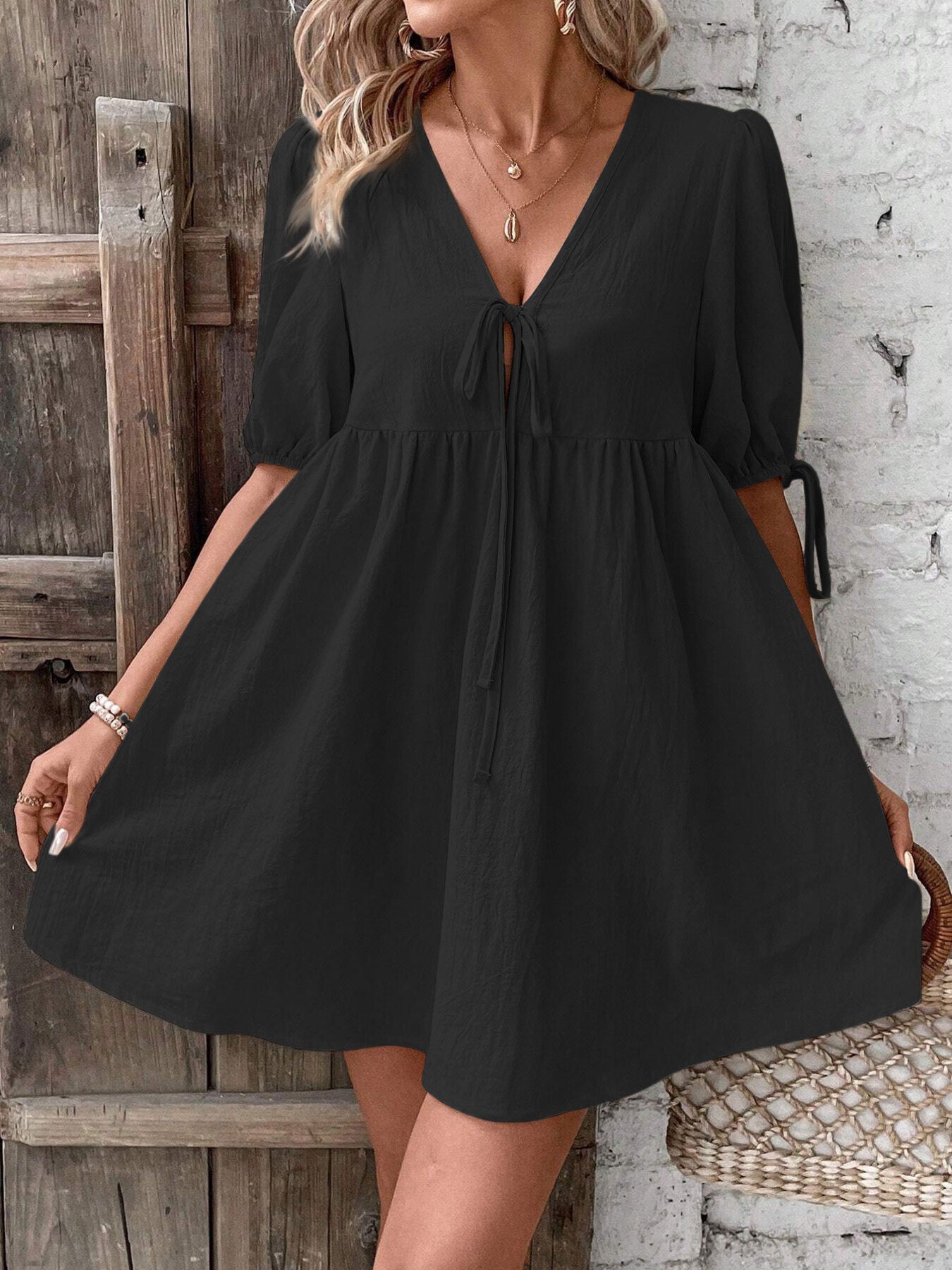 Tie Front Puff Sleeve Mini Dress