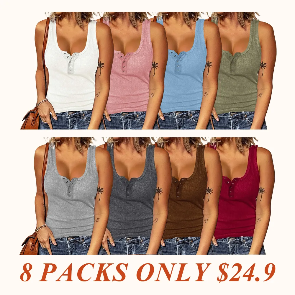 Women's Summer Vest Ribbed Tank Tops Crew Neck Button Down Sleeveless Tunic Blouse