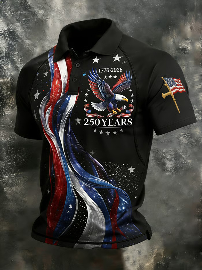 Men'S Retro American Founding Celebration Eagle Shoulder Polo Shirt