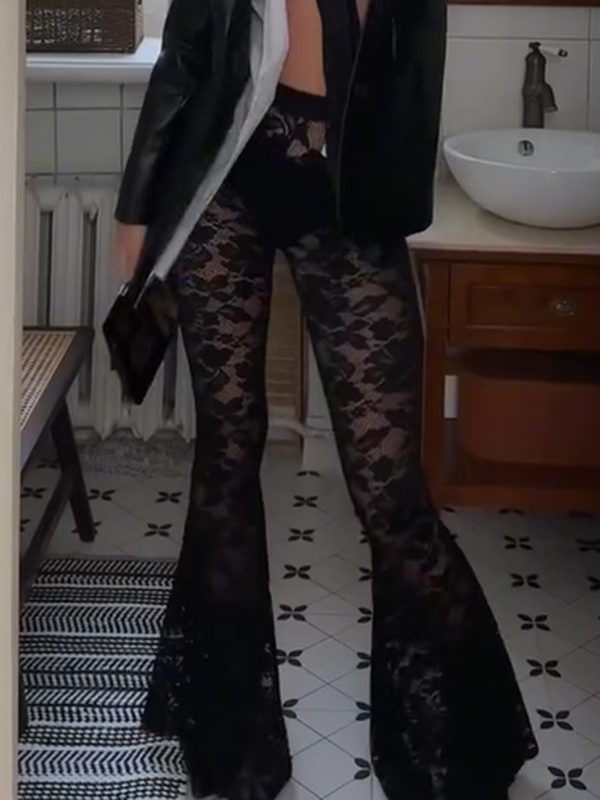 Lace See-Through High Waist Flared Pants In Black
