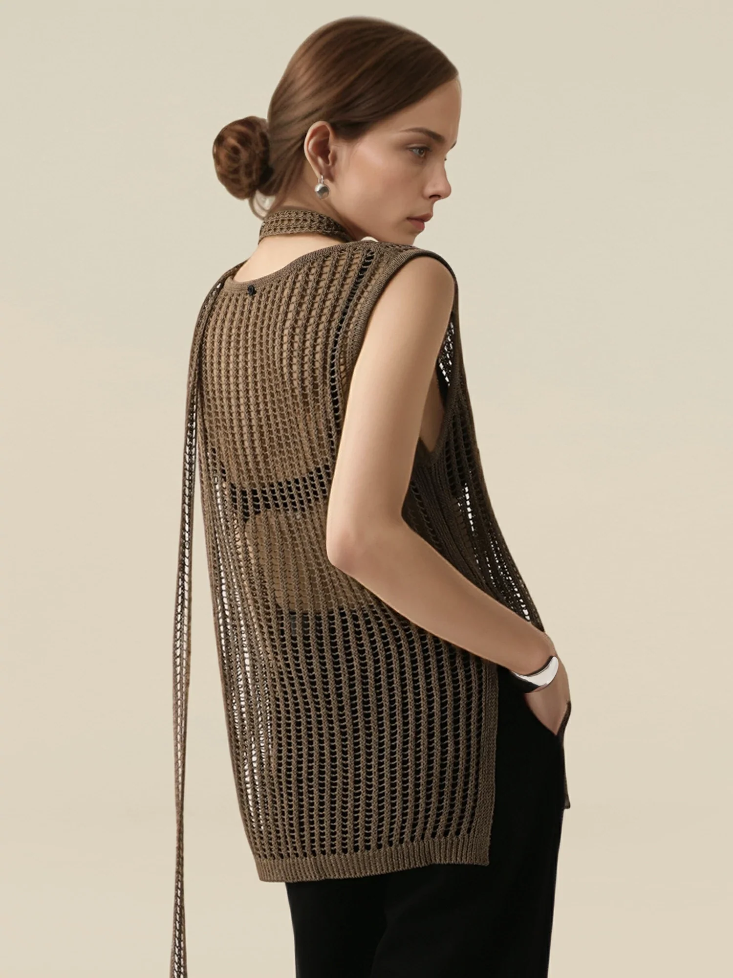 Lyocell & Silk Round Neck Lace-Up Vest