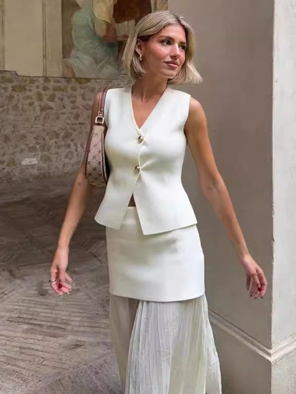 Knitted Vest Splicing Pleated Long Skirt Set