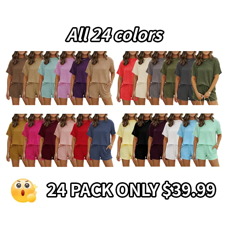 Women's Summer Short Sleeve Twisted Thread Shirt & Shorts with Pockets Casual Pajamas Ribbed Textured Outfit Matching Lounge Set