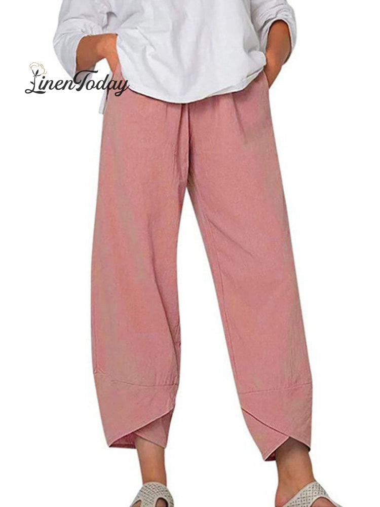 Women's Solid Color Loose Elegant Casual Simple Cotton And Linen Ninth Pants