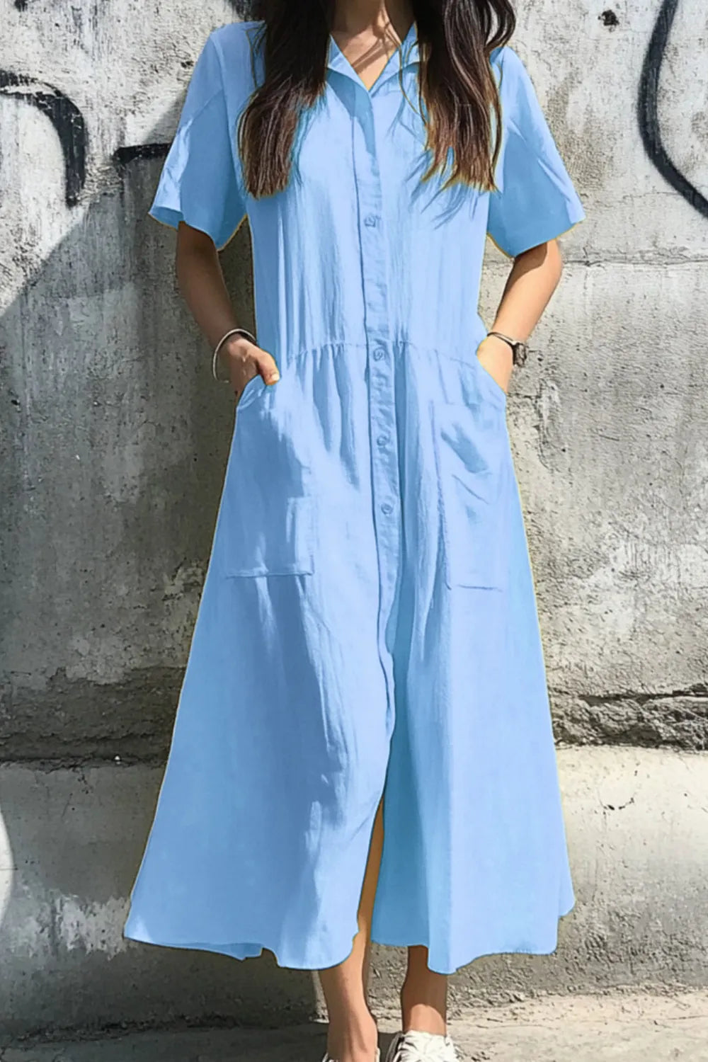 Button Front Short Sleeve Midi Dress