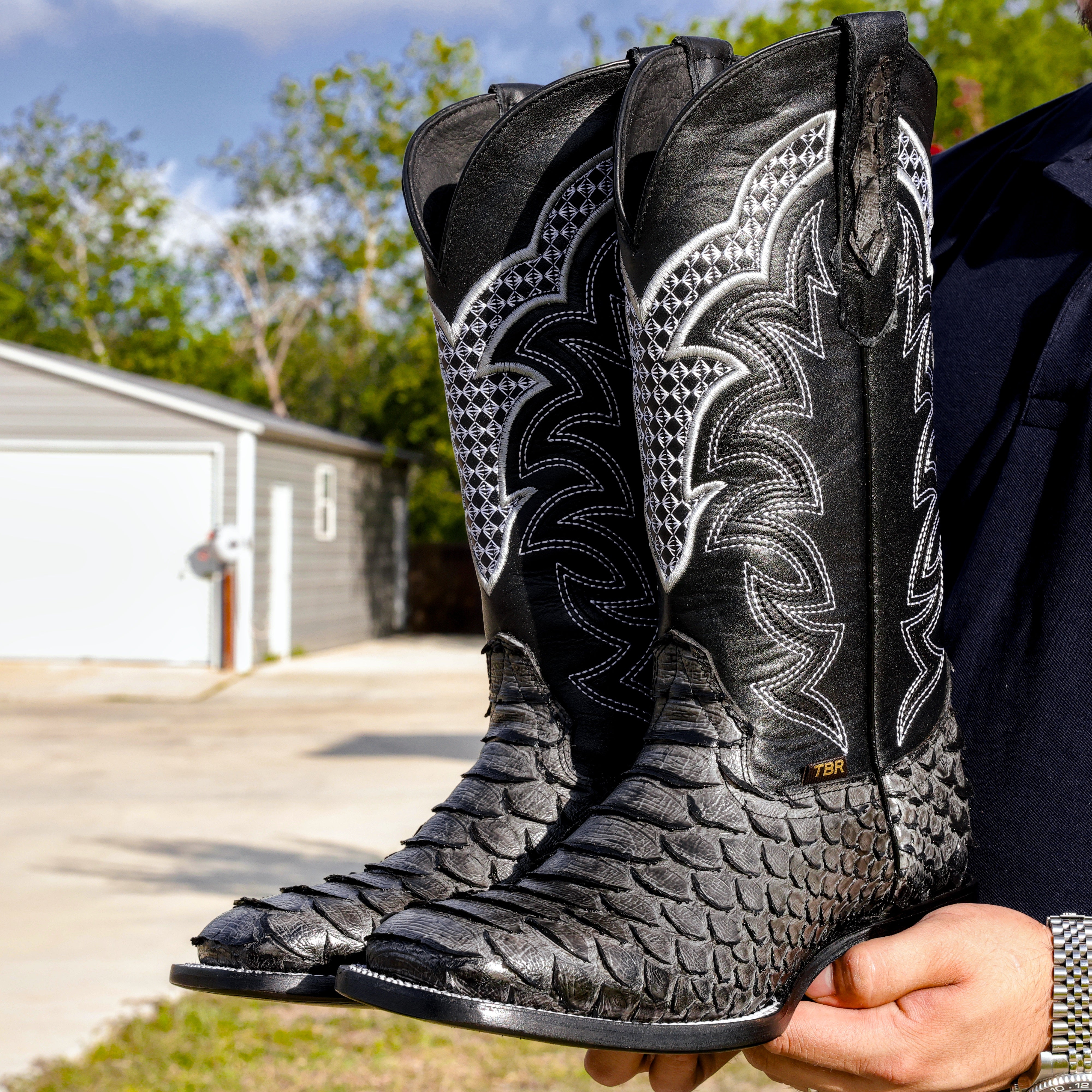 Grey Python Leather Boots - Square Toe