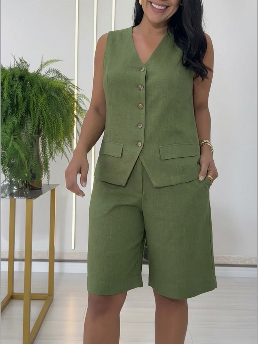 Casual Linen And Cotton Vest And Bermuda Shorts Two-piece Set