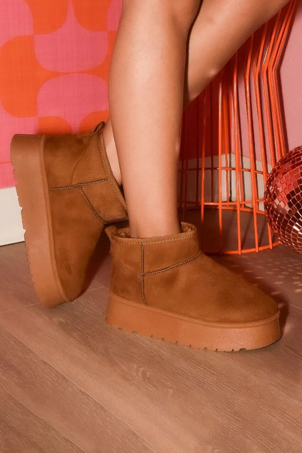 Suede Round Toe Platform Booties in Caramel