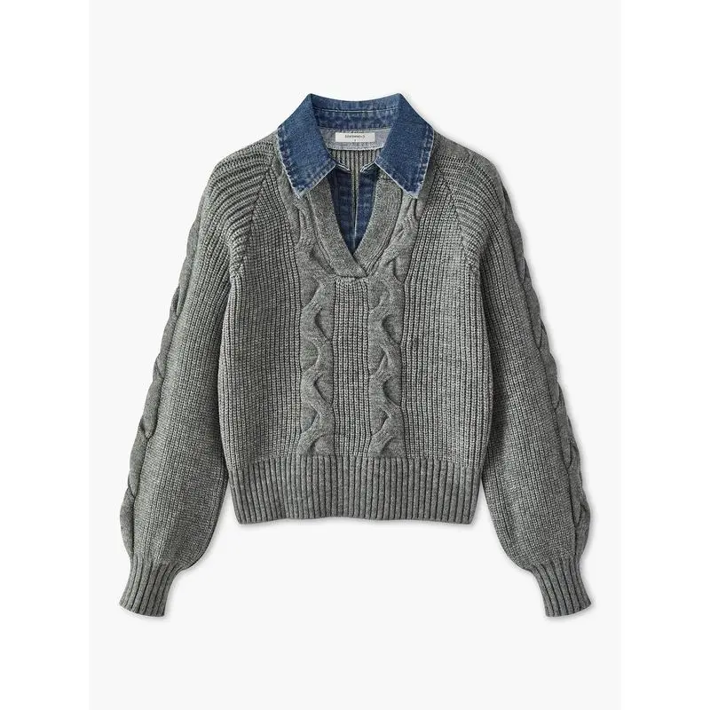 Denim Panel Ribbed Lapel Sweater