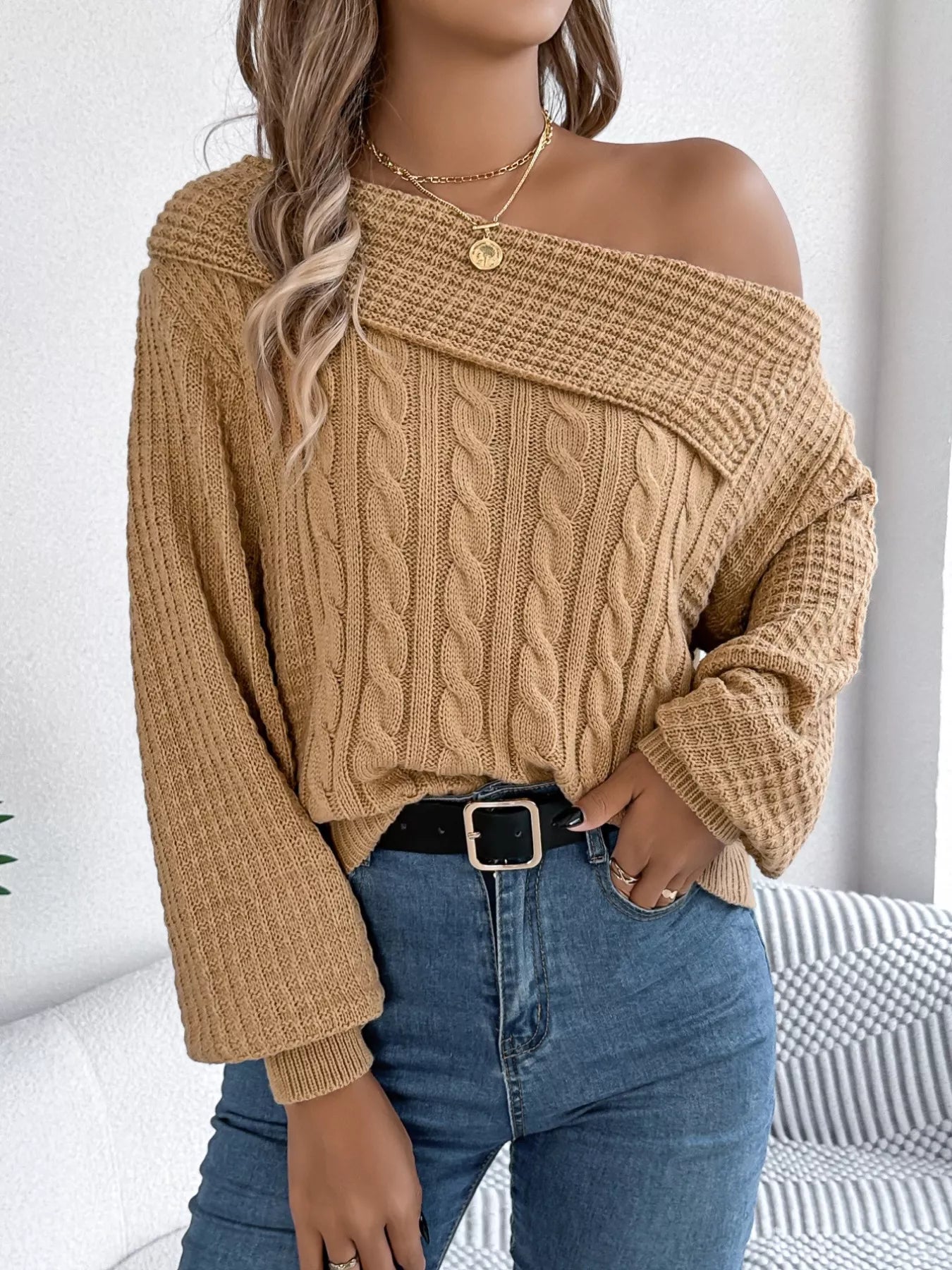 Off-Shoulder Cable Knit Sweater
