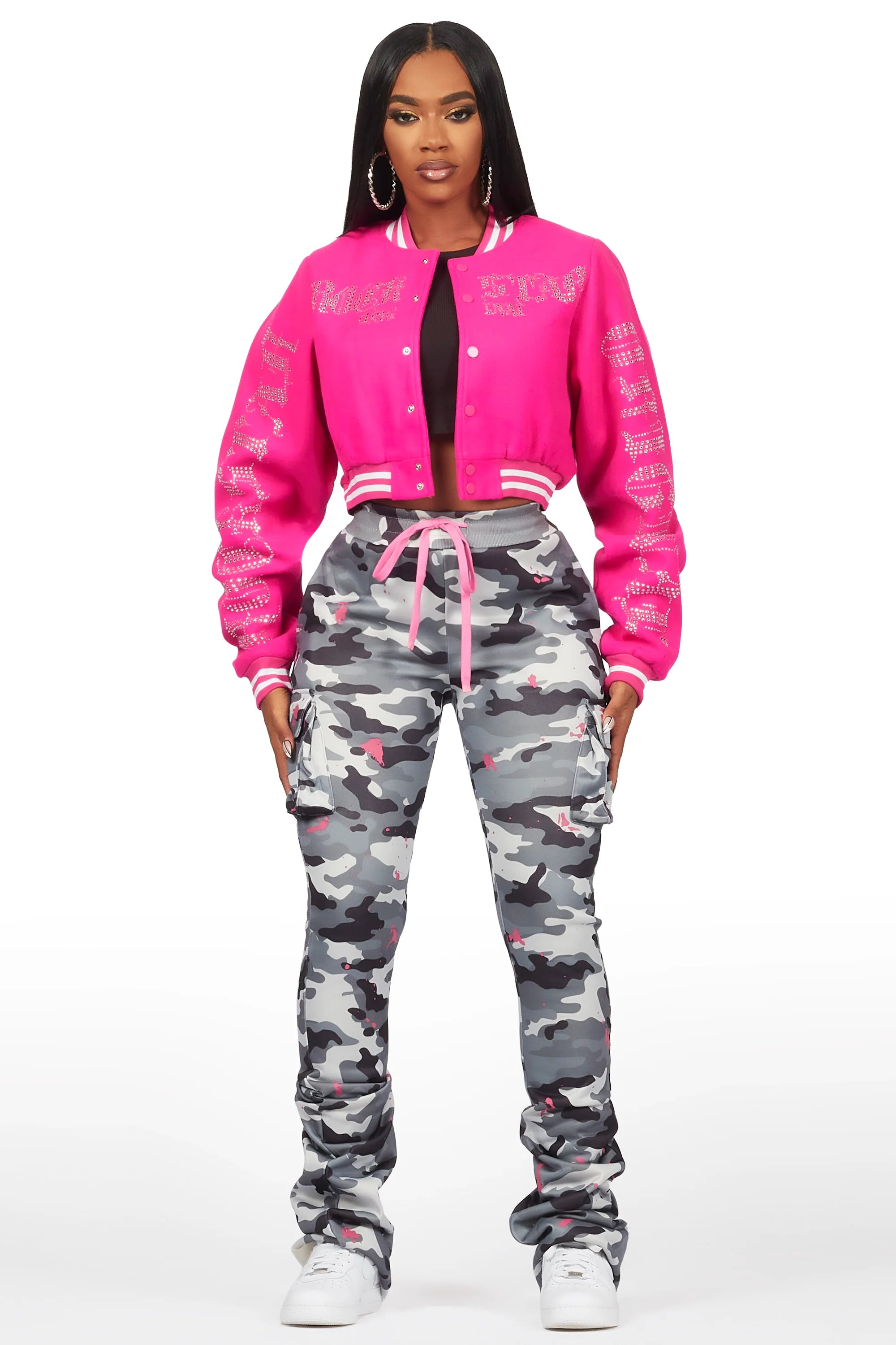 Gianni Hot Pink Crop Rhinestone Varsity Jacket